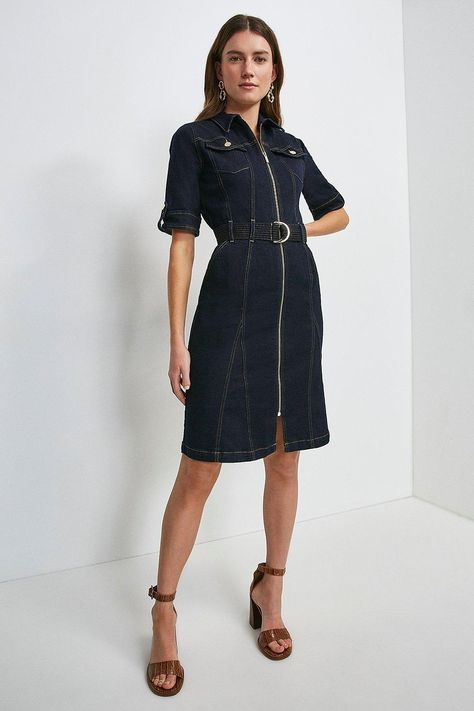 Make Our Denim The Standout Of Your New-Season Dress Line-Up. Tailored With Cleverly Placed Godet Panels That'Ll Offer Ease Of Movement, The Piece Is Pulled Together By A Multi-Stitch D-Ring Belt. Our Signature Km-Branded Buttons And A Matching Zipper Finish Things Off In Luxury. Belted Denim Dress, Classic Corvette, Ring Belt, Zip Dress, Dark Indigo, Female Fashion, Karen Millen, Fashion Face, D Ring