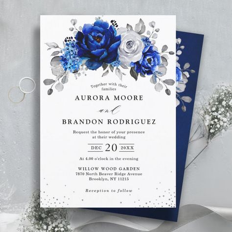 Royal Blue White Silver Metallic Floral Wedding In Invitation Bouquet Royal Blue, Metallic Wedding, Black And White Wedding Invitations, Elegant Bouquet, Green Eucalyptus, Silver Theme, Floral Save The Dates, White Wedding Invitations, Winter Wedding Invitations