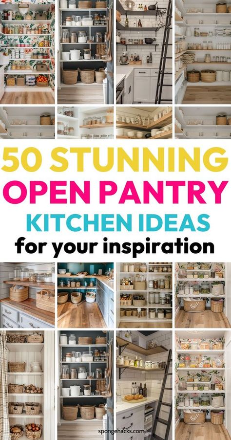 Get these stunning open pantry shelving ideas for your small kitchen renovation or update. Pantry Open Cabinets, Food Storage No Pantry Small Kitchens, Open Shelving Pantry Kitchen Ideas, Small Kitchen Pantry Organization Ideas, Open Pantry Design Ideas, Open Shelf Pantry In Kitchen, Open Pantry Shelving Ideas, Open Pantry Shelving, Pantry Open Shelving