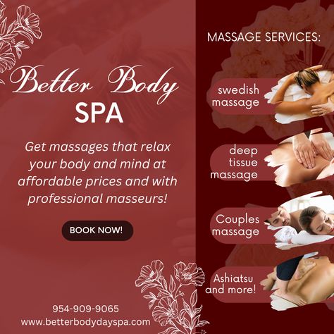 Book a massage with us today by giving us a call at 954-909-9065! First time clients receive 10% OFF on any full price service! #spa #massage #fortlauderdale Massage Ads, Massage Promotion, Spa Background, Body Massage Spa, Couples Book, Turmeric Latte, Program Fans, Swedish Massage, Better Body