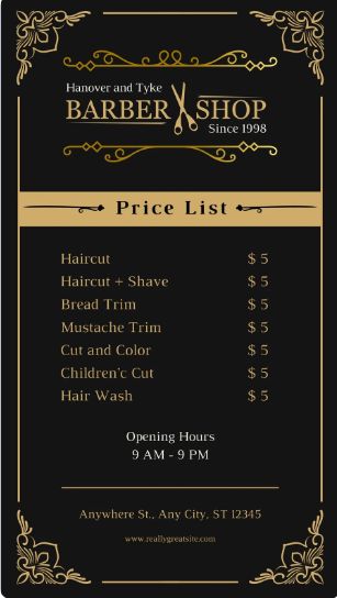 Gold and Black Vintage Lines Barbershop Price List Canva Template Barbershop Price List, How To Trim Mustache, Hair Saloon, Price List Design, Barbershop Design, Vintage Barber, Price List Template, Rack Card, List Template