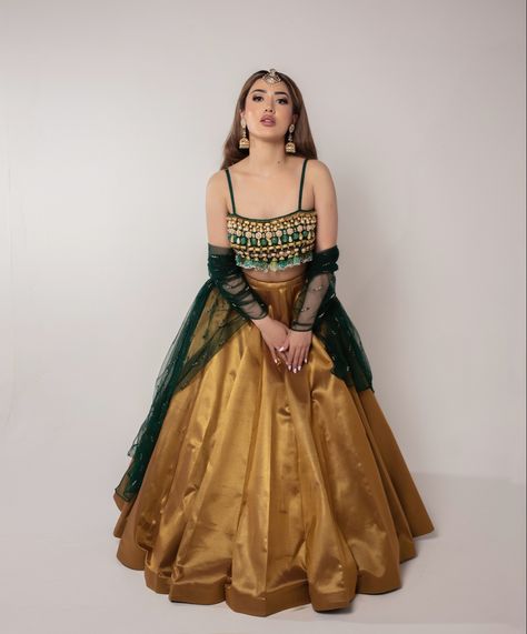 A soft green dupatta paired up with our marigold lehenga with a contrasting emerald copper heavy work blouse from Seema M London #style #fashion #london #lehenga Work Blouse, Lehenga, Emerald, London, Green, Design