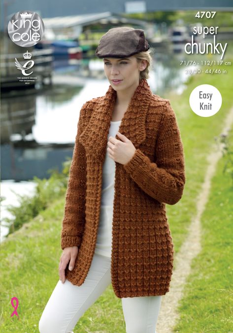 Easy to Follow Jacket & Sweater Knitted with Big Value Super Chunky Knitting Patterns - King Cole Knitted Coat Pattern, Romantic Crochet, Chunky Jacket, Ladies Cardigan Knitting Patterns, Free Knitting Patterns For Women, Cardigan Sweater Pattern, Womens Knitting Patterns, Textured Coat, Jumper Knitting Pattern