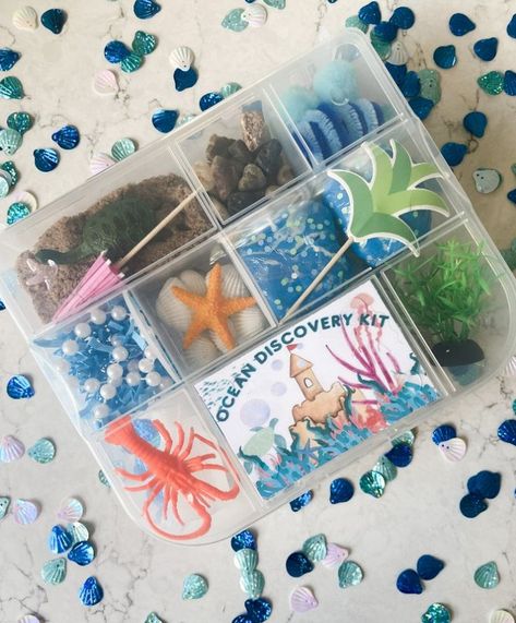 Everything you need to create your own Ocean Scenes! Ocean Playdough, Playdough Kit, Umbrella Tree, Playdough Kits, Busy Boxes, Kinetic Sand, Pearl Strand, Pipe Cleaners, Blue Stones