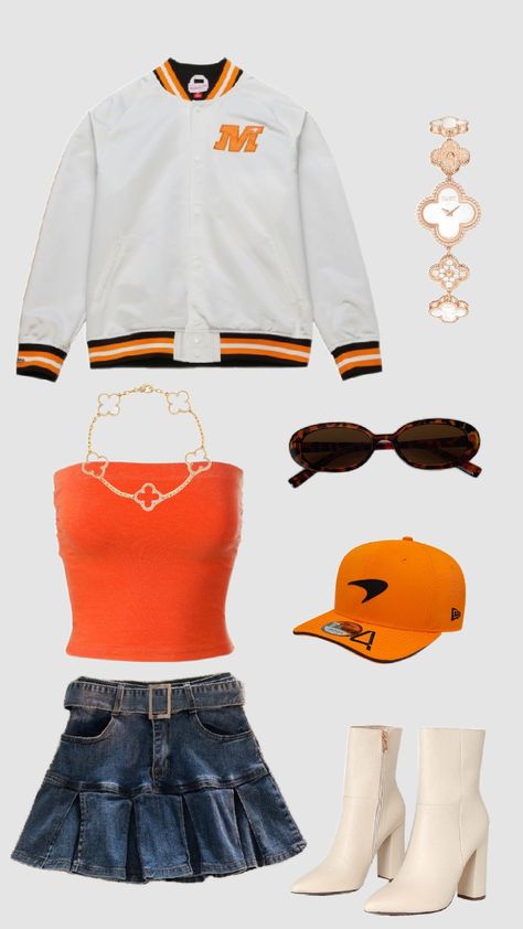 outfit that I would wear to a Grand Prix as a McLaren fan #F1 #GrandPrix #LandoNorris #McLaren #outfit #OscarPiastri Mclaren Outfit Women, Grand Prix Outfit Women, F1 Wags Outfits, Mclaren Outfit, Grand Prix Outfit, Wag Fashion, Wag Outfits, F1 Outfit, F1 Paddock