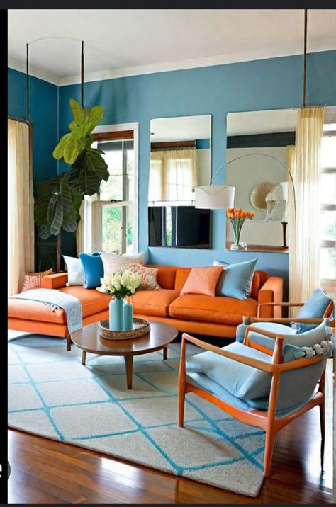 Blue Orange Room, Orange And Blue Living Room, Palette Couch, Blue And Orange Living Room, Teal Color Scheme, Livng Room, Orange Room, Funky Living Rooms, Orange Rooms