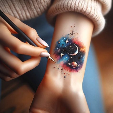 Small Galaxy Tattoo Ideas, Galaxy Moon Tattoo, Planets And Flowers Tattoo, Space Wrist Tattoos, Feminine Space Tattoos, Colorful Moon Tattoo, Galaxy Arm Tattoo, Coldplay Inspired Tattoo, Space Cover Up Tattoo