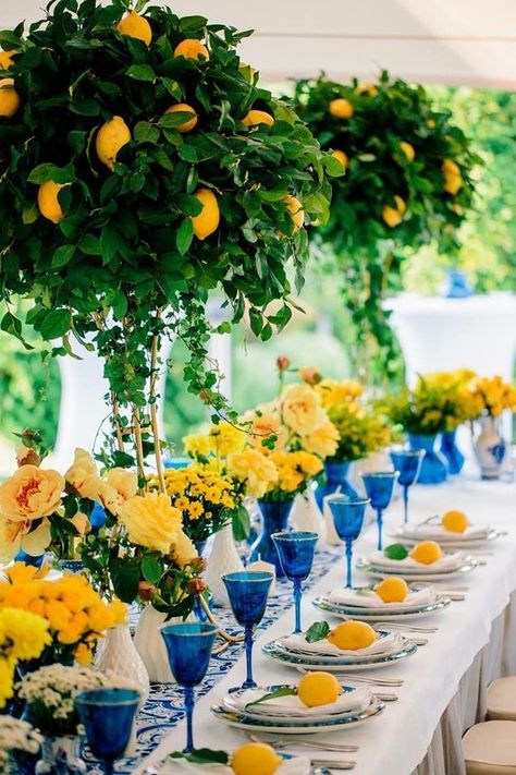 Italian Gala Theme, Almafi Coast Centerpiece, Positano Table Setting, Limoncello Decor, Positano Party, Table Settings Blue, Amalfi Coast Theme Party, Lemon Themed Party, Lemon Centerpieces