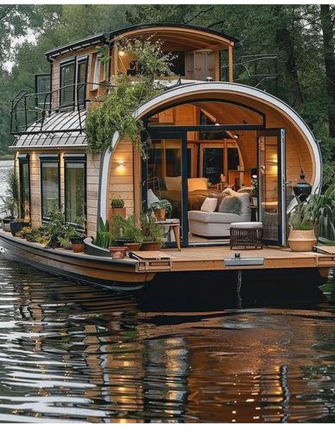 Tiny Home Boat House, Lake Tiny House, Round Homes Design, Small Boat House, House Boat Living, Modern Boathouse, Pontoon Boat Ideas, Floating Cabin, Small Houseboats