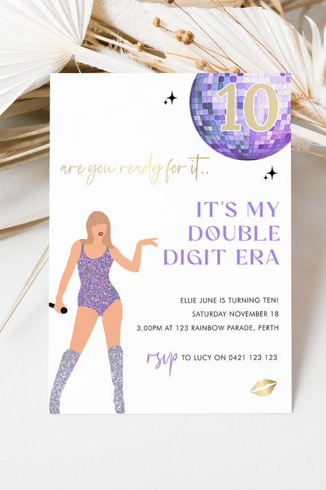 "Step into the Double Digit Era with our Taylor Swift Birthday Invitation, capturing the essence of purple Taylor Swift aesthetic and disco vibes! 🎶✨ Celebrate in style as we groove through the hits and dance the night away in true Taylor fashion. Let's make memories that sparkle and shine as we mark this special milestone! 💜🎉 Swipe up to join the celebration and let the countdown to a fabulous birthday bash begin! #TaylorSwiftBirthday #DoubleDigitEra #PurpleAesthetic #DiscoParty Double Digits Era, Double Digits Era Party, Taylor Swift Bday Invitation, Double Digit Era Birthday, In My Double Digits Era Party, Taylor Swift 10th Birthday, Taylor Swift 10th Birthday Party Ideas, Taylor Swift Party Invitations, Taylor Swift Invitations