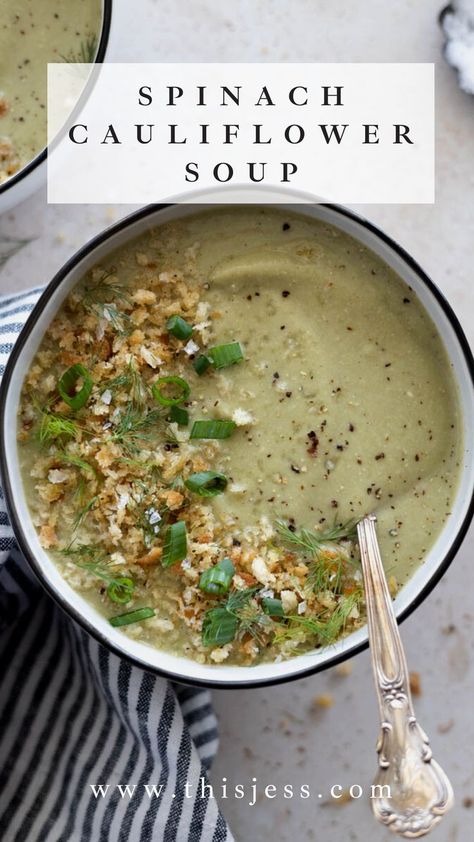 Spinach Cauliflower Soup in a bowl topped with crispy breadcrumbs, fresh dill and green onions. Spinach Cauliflower Soup, Cauliflower And Spinach Soup, Crockpot Cauliflower, Spinach Cauliflower, Cauliflower Potatoes, Green Soup, Soup Maker, Spinach Soup, Broccoli Cauliflower