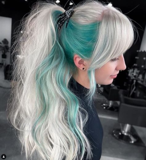 Blonde And Fashion Color Hair, Turquoise And Blonde Hair, Light Turquoise Hair, Blue Peekaboo Hair Blonde, Blonde With Blue Hair, Blonde With Peekaboo Color, Spring Hair Color Ideas For Blondes, Blonde Green Hair, Green And Blonde Hair