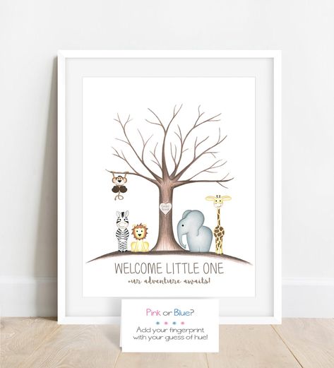 INSTANT DOWNLOAD Gender Reveal Fingerprint Tree Gender Reveal | Etsy India Book Baby Shower Decorations, Gender Ideas, Baby Shower Fingerprint, Tree Jungle, Baby Shower Guestbook, Jungle Safari Baby, Jungle Safari Baby Shower, Thumbprint Tree, Fingerprint Guestbook