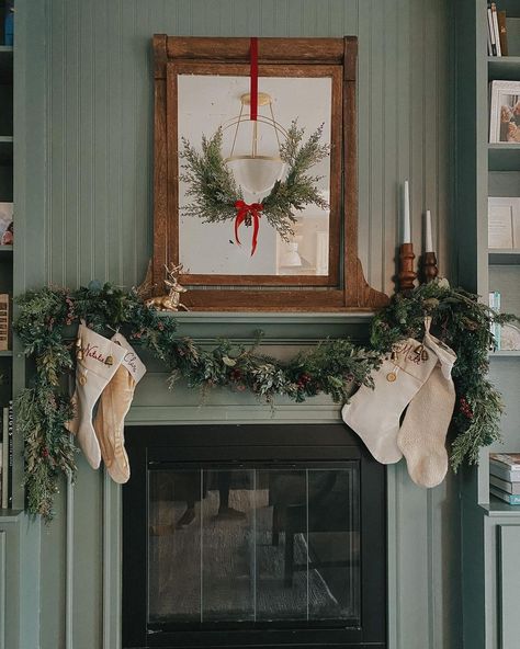 Farrow & Ball on Instagram: “As much as we love a fancy festive mantel with all the frills, sometimes less is more ✨ #GreenSmoke woodwork, rustic decor and natural…” Green Painted Fireplace, Green Mantle, Christmas Mantel Decorations, Studio Green, House Front Door, Christmas Mantle, Paint Brands, Fireplace Makeover, Christmas Mantels