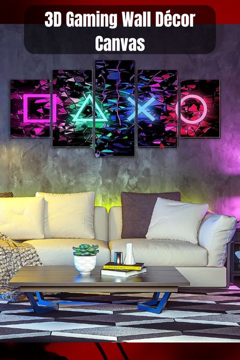 Transform your game room into an immersive gaming paradise with this 5-piece canvas wall art set. Featuring 3D game buttons icons in vibrant neon colors against a dark background, this high-quality canvas is waterproof, fade-proof, and durable. The set measures 40"W x 20"H and comes with a metal hook for easy hanging. Elevate your gaming experience today!” Gaming Painting, Video Game Room Decor, Neon Wall Art, Minecraft Bedroom, Funny Paintings, Game Themes, 3d Painting, Game Room Design, Game Room Decor