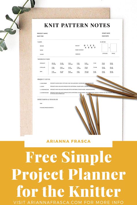 Free Simple Project Planner for the Knitter Be a more efficient knitter with this one easy tool.  Plot your course of action prior to beginning the pattern with this project planner, an instant-download digital PDF file designed specifically for knitters.  Stay on track by taking detailed notes while following any knit pattern, never forget which yarn you used, the modifications you made, the pattern source, etc Knitting Project Planner, Knitting Journal Free Printable, Knitting Journal Ideas, Bullet Journal Knitting, Knitting Notebook, Project Planners, Knitting Journal, Crochet Journal, Knit Gifts