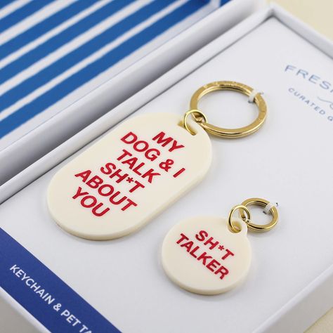 The perfect gift set doesn't exist... wait yes it does! Our new limited edition Sh*t Starter Keychain & Pet Tag Holiday Set features a new pill keychain that says, "My Dog & I Talk Sh*t About You" and a coordinating pet tag that says, "Sh*t Starter". Each holiday set is made to order and handcrafted from our high-quality Cream acrylic and comes packaged in our signature Freshwater gift box for easy gift giving. My Dog And I Talk About You, Cheep Gifts, Best Friend Gifts For Christmas, Pet Products Design, Etsy Shop Ideas Products, Mom Christmas Gifts, Pet Brand, Gift Guide Women, Gifts For Dads