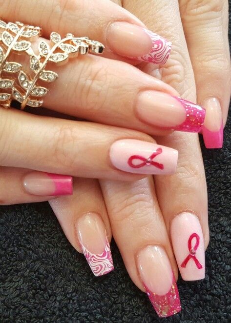 October Breast Awareness Month Nails, Pink Breast Awareness Nails, Pink October Nails, Pink Ribbon Nails, Ribbon Nails, Nails October, Botanic Nails, Sns Nails Colors, Holiday Acrylic Nails