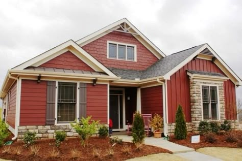 Red House Color Scheme, Colorful Exterior House, Red Siding House Exterior, Red Exterior House Colors, Red House Exterior, Meridian House, Exterior House Siding, Mountain View Home, Red Houses