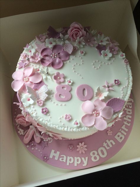 Beautiful 80th birthday cake. Birthday Cake For Mum, Birthday Drip Cake, Modern Birthday Cakes, 80th Birthday Decorations, 90th Birthday Cakes, 80 Birthday Cake, Birthday Cake With Flowers, Birthday Sheet Cakes, Fresh Flower Cake