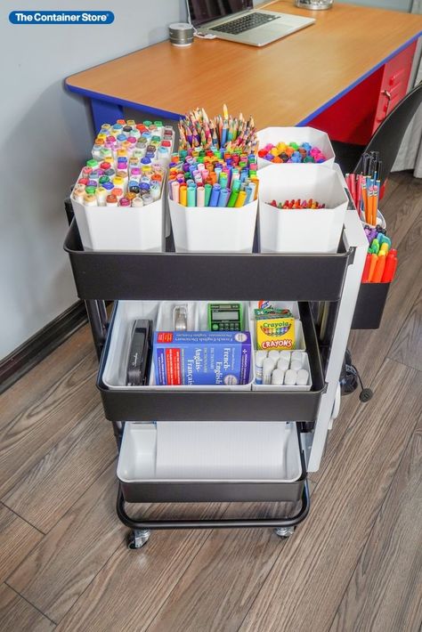 Clutterbug's Cas Aarssen used our 3-Tier Cart to create the perfect mobile art supply station. Plenty of storage space for pens, pencils, markers, glue, chalk, and more!

Shop all of our 3-Tier Carts and accessories here! Teacher Three Tier Cart Ideas, 3 Tier Cart Organization Classroom, Three Tier Rolling Cart Ideas, Classroom Marker Storage, Three Tier Cart Organization, 3 Tier Rolling Cart Ideas Classroom, Three Tier Cart Ideas, Art Cart Organization For Kids, 3 Tier Cart Organization