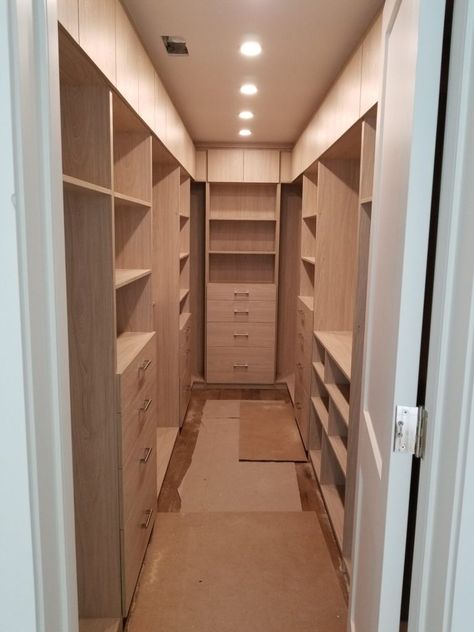 Walk-in closet - Double Dowel Closet Organizers Long Master Closet Layout, Narrow Long Walk In Closet, One Sided Walk In Closet, Walking Closet Design Layout, Long Narrow Closet, Narrow Walk In Closet, Master Closet Layout, Walk In Closet Dimensions, Narrow Closet