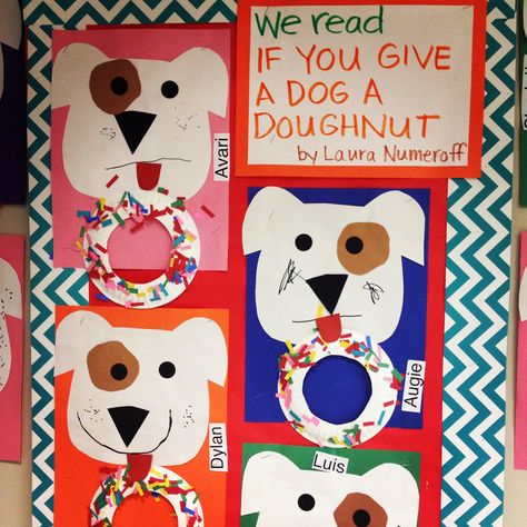 If you Give a Dog a Doughnut by Laura Numeroff craft. Bulletin board display. If You Give A Dog A Donut Craft, If You Give A Dog A Donut, Doughnut Craft, Preschool Pets, Dog Classroom, School Diy Ideas, Preschool Spring, Laura Numeroff, Author Study