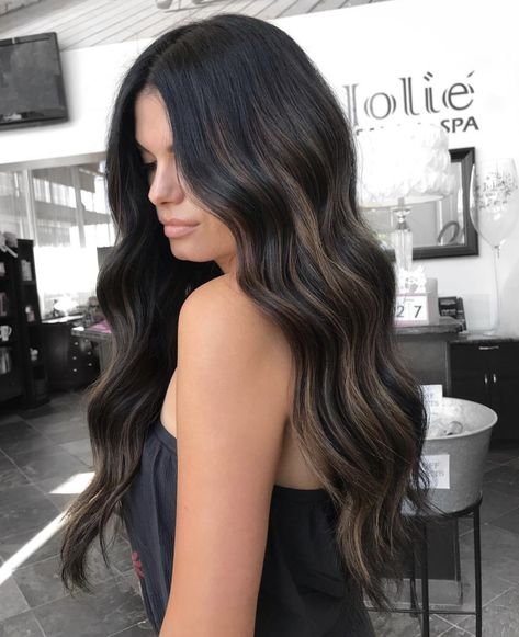 Jordan Underwood Hair, Dark Hair Dyed Lighter, Black Hair With Brown Extensions, Off Black Hair With Highlights, Partial Highlight On Black Hair, Super Dark Hair With Dimension, Hair Color Ideas For Brunettes With Layers, Bellami Ash Brown Extensions, Black Hair Brown Babylights