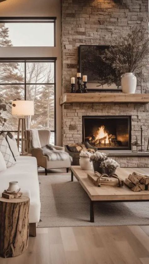 Modern Cabin Great Room, Lodge Home Interior, Mountain Inspired Decor, Modern Farmhouse Lounge Room, Mountain Home Fireplace, Cozy Mountain Home Interiors, Ski House Living Room, Modern Lodge Living Room, Modern Ranch Interior