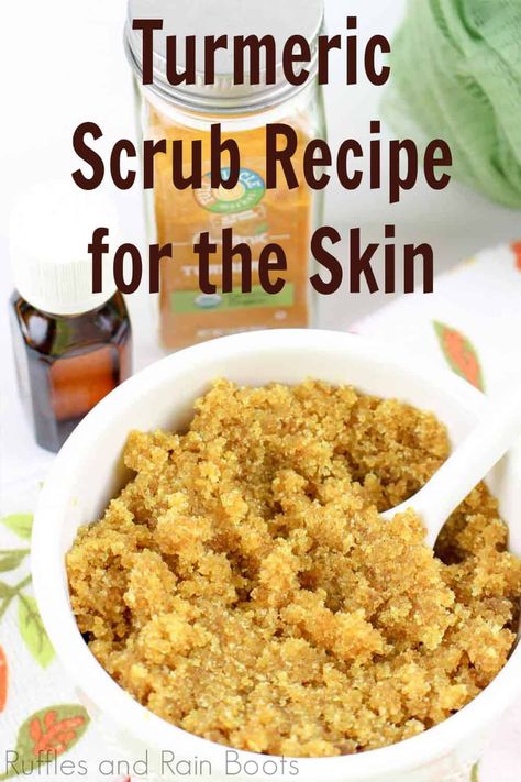 Homemade Turmeric Scrub, How To Make Turmeric Body Scrub, Diy Turmeric Scrub, Diy Tumeric Body Scrub Recipes, Turmeric Sugar Scrub Diy, Tumeric Body Scrub Diy Glowing Skin, Turmeric Body Scrub Diy, Diy Tumeric Scrub, Facial Soap Recipe