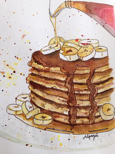 Pancakes Watercolor by Alpaqui Pancake Watercolor, Pancakes Drawing, Dixit Cards, Pancake Drawing, Draw Food, Nutella Pancakes, Fruit Pancakes, Food Illustration Design, Donut Art