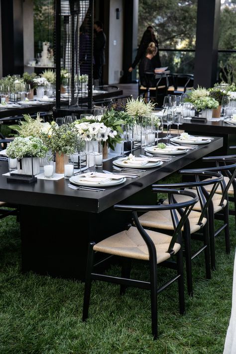 Black Wedding Chairs Reception Ideas, Wishbone Chair Wedding, Black Chairs Wedding, Black Wedding Chairs, Neutral Centerpieces, Micro Wedding Reception, Black Wedding Table, Periwinkle Wedding, Event Chairs