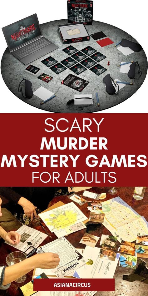 Scary Murder Mystery Games For Adults - Asiana Circus Friend Games, Adult Game Night Party, Game Night Decorations, Mystery Board Games, Mystery Riddles, Penpal Ideas, Easy Party Games, Best Family Board Games, Mystery Party Game