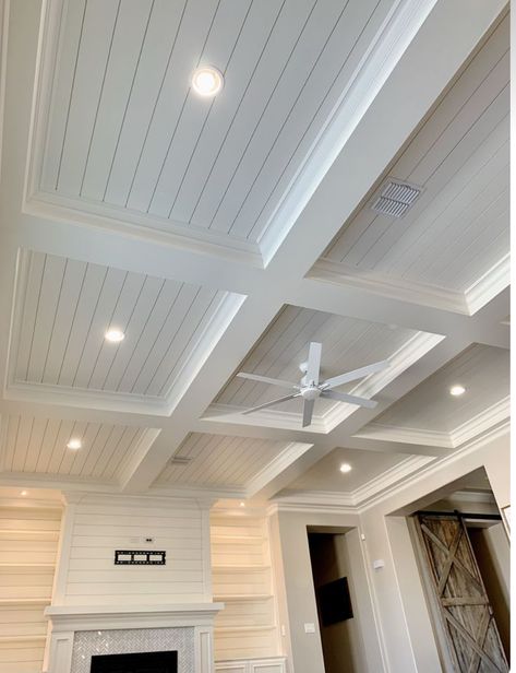 Coffered Beadboard Ceiling, Modern Farmhouse Coffered Ceiling, Beach House Ceiling Beams, Rustic Coffered Ceiling Ideas, Coffered Ceiling With Shiplap, Custom Ceiling Ideas, Tongue And Groove Ceiling Kitchen, Inexpensive Ceiling Ideas, Shiplap Ceiling Living Room