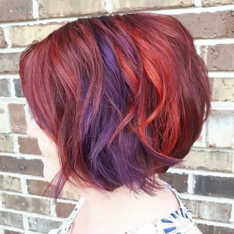 Red Hair With Color Blocking, Purple And Red Hair Highlights, Red Hair With Purple Highlights, Hair Colors For 2023, Red And Purple Hair, Purple Red Hair Color, Short Auburn Hair, Hair Color Combinations, Fall Red Hair