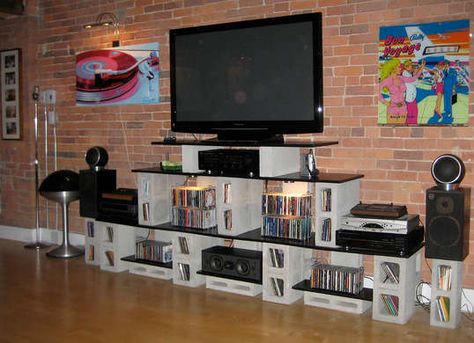 Corner Tv Wall Mount Ideas, Cinder Block Shelves, Cinder Blocks Diy, Corner Tv Wall Mount, Cinder Block Furniture, Wall Mount Entertainment Center, Entertainment Center Design, Diy Entertainment, Fireplace Entertainment Center