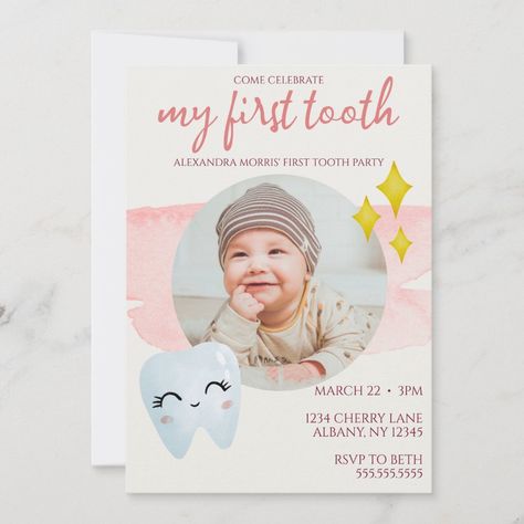 First Tooth Party, Teeth Party, Tooth Party, Watercolor Photo, Cute Watercolor, First Tooth, Photo Invitations, Invitation Zazzle, Invitation Cards