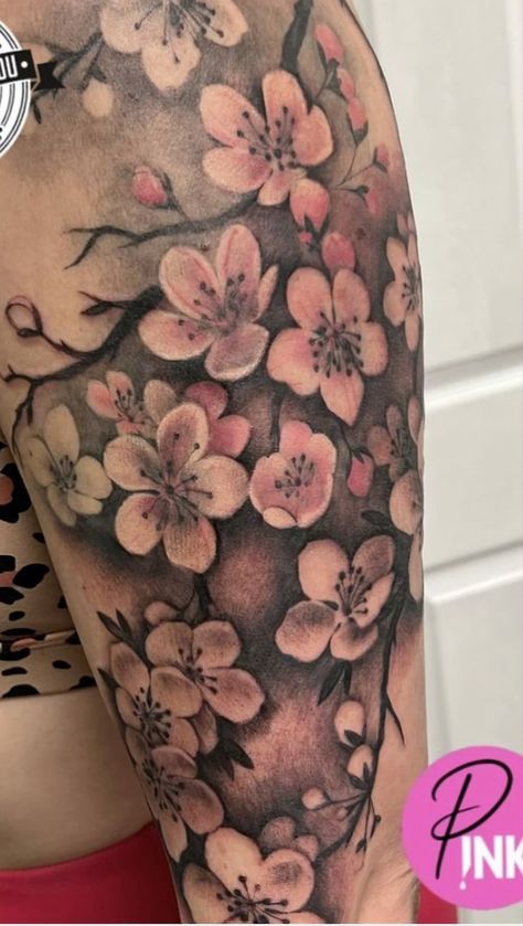 Cherry Blossom Tattoo Half Sleeve, Cherry Blossom Full Sleeve Tattoo, Peony And Cherry Blossom Tattoo, Japanese Cherry Blossom Sleeve, Cherry Blossom Tattoo Shoulder, Divorce Tattoo, Random Tattoos, Shoulder Cap Tattoo, Charm Tattoo