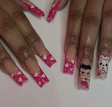 Betty Boop Nails Designs, Hello Kitty Chrome Heart Nails, Tapered Square Nails Hello Kitty, Betty Boop Nails, Y2k Nails Acrylic Long Hello Kitty, Long Pink Hello Kitty Nails, Xl Long Acrylic Nails Hello Kitty, Betty Boop Baby, Cartoon Nail Designs