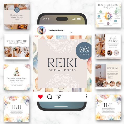 Reiki social media templates - 10+ beautiful and engaging designs for Instagram to help you promote your Reiki business and connect with your #Insta_Template #Shopify_Products #Facebook_Content #Cosmetic_Shop Reiki Aesthetic, Shopify Products, Insta Template, Reiki Business, Facebook Content, Social Media Advertising Design, Instagram Games, Digital Storytelling, Cosmetic Shop