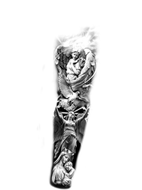 Angel Sleeve Tattoos For Guys, Realistic Tattoos Men, Cloud Tattoo Half Sleeve, Angel Sleeve Tattoo, Tattoo Half Sleeve, Arm Tattoos Black, Memorial Tattoo Ideas, Sleeve Tattoos For Guys, Half Sleeve Tattoos Forearm