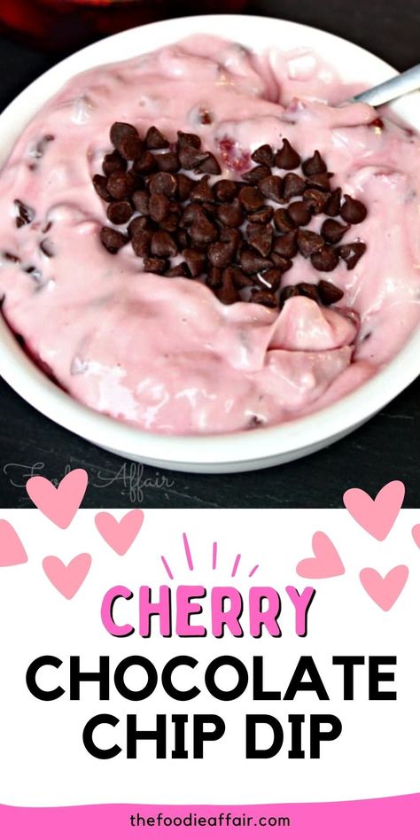 a white bowl with cherry dip topped with chocolate chips. Dip For Cookies, Cherry Dip, Chocolate Chip Dip, Sliced Fruit, Neufchatel Cheese, Dessert Dip, Easy Treat, Cherry Chocolate, Sweet Dips