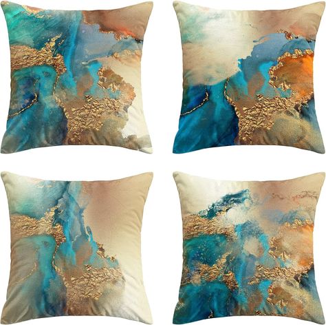 Decorative Throw Pillow Covers made of High quality Short plush ,The material feels soft. Bring good comfort. Teal And Gold Living Room Ideas, Teal Office Decor, Teal Office, Gold Pillow Covers, Decorative Pillows For Couch, Pillows For Living Room, Gold Pillow, Sofa Outdoor, Bed Living Room