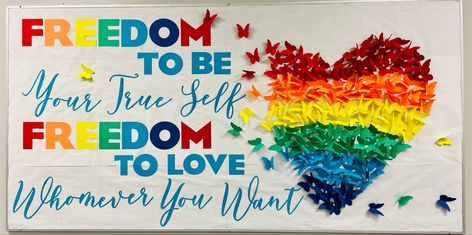 Pride Bulletin Board Ideas, Pride Bulletin Board, Gsa Activities, Pride Month Bulletin Board, Pride Month Calendar, Pride Display, Pride Ideas, Display Boards For School, Lgbtq Quotes