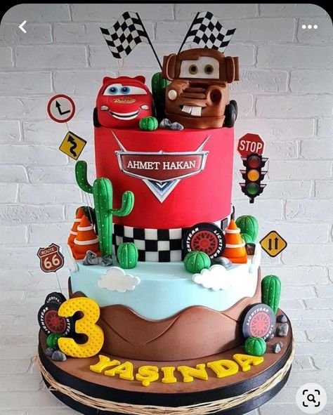 Tow Mater Cake Ideas, Disney Cars Tractor Tipping Cake, Lightning Mcqueen And Mater Cake, Cars Movie Theme Cake, Mc Queen Birthday Cake, Cars Disney Birthday Cake, 2 Themes In One Cake, Cars 3rd Birthday Cake, Lightning Mcqueen Cakes