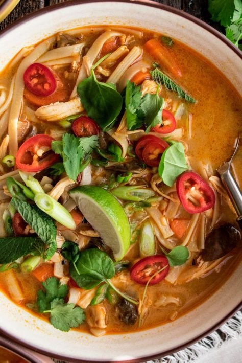 Spicy Thai Chicken & Rice Noodle Soup - The Original Dish Chicken Rice Noodle Soup, Chicken Rice Noodle, Thai Chicken Rice, Thai Sweet Potato Soup, Chicken Rice Noodles, Rice Noodle Soup, Thai Rice Noodles, Rice Noodle Recipes, Rice Noodle Soups