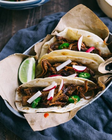 Asian Caramelized Pork Tacos (Crock Pot) American Fusion Food, Caramelized Pork, Slow Cooker Asian, Greek Vinaigrette, Barley Salad, Chinese Spices, Pulled Pork Tacos, Food Photography Tutorial, Roasted Radishes