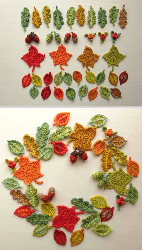 Acorn Applique Pattern, Fall Crochet Garland Pattern, Crochet Autumn Leaves Free Pattern, Cute Crochet Appliques, Crochet Fall Garland, Berries Garland, Crocheted Leaves, Beech Leaves, Crochet Fall Decor