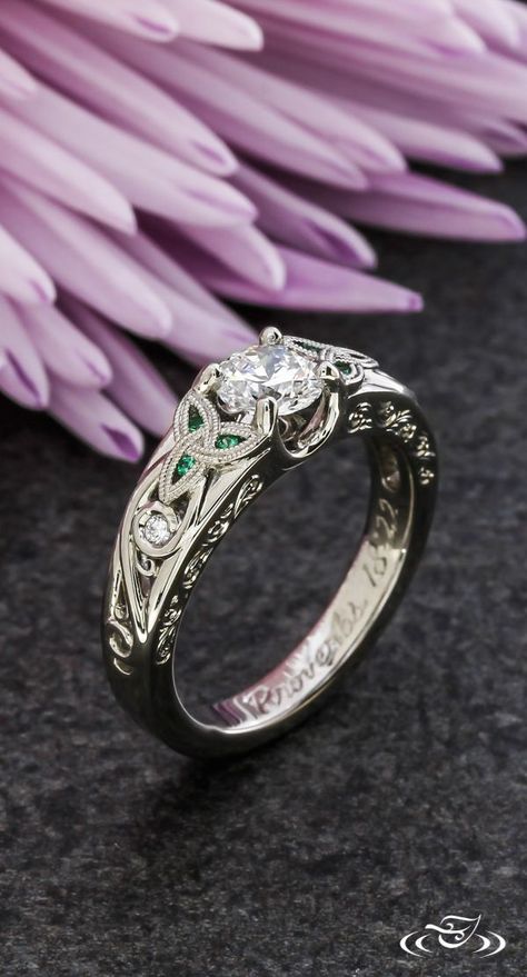 Emerald and Diamond Celtic Engagement Ring #GreenLakeJewelry Green Lake Jewelry, Celtic Engagement Rings, Antique Engagement Ring, Celtic Wedding Rings, Engagement Rings Affordable, Celtic Wedding, Antique Engagement, Emerald Engagement, Wedding Rings Unique