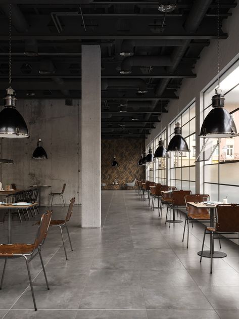 Restaurant 001 on Behance Cafe Design Inspiration, Modern Restaurant Design, Industrial Cafe, Industrial Restaurant, Brick Cladding, Cafe Shop Design, Restaurant Concept, Restaurant Interior Design, Coffee Design